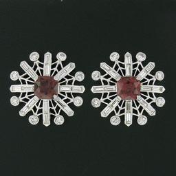 Vintage Platinum 4.02 ctw Rhodolite Garnet & Diamond Snowflake Post Stud Earring