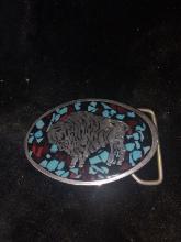 Inlaid Turquoise and Silver Buffalo Belt Buckle
