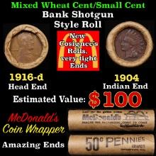 Lincoln Wheat Cent 1c Mixed Roll Orig Brandt McDonalds Wrapper, 1916-d end, 1904 Indian other end