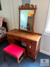 Wooden Desk, Wall Mirror and Stool with Upholstered Top