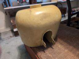 (BR2) VINTAGE YELLOW PAINTED METAL MOTORCYCLE GAS TANK. 18"W X 8-1/2"D X 7-1/2"T.