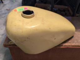 (BR2) VINTAGE YELLOW PAINTED METAL MOTORCYCLE GAS TANK. 18"W X 8-1/2"D X 7-1/2"T.