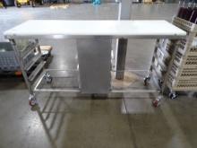 S/S TABLE W/CUTTING BOARD TOP & PAN RACK UNDERNEATH ON CASTERS 24”X72”