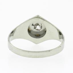 Vintage 18k Gold Diamond Solitaire Matte & Polished Hand Engraved Hexagon Ring