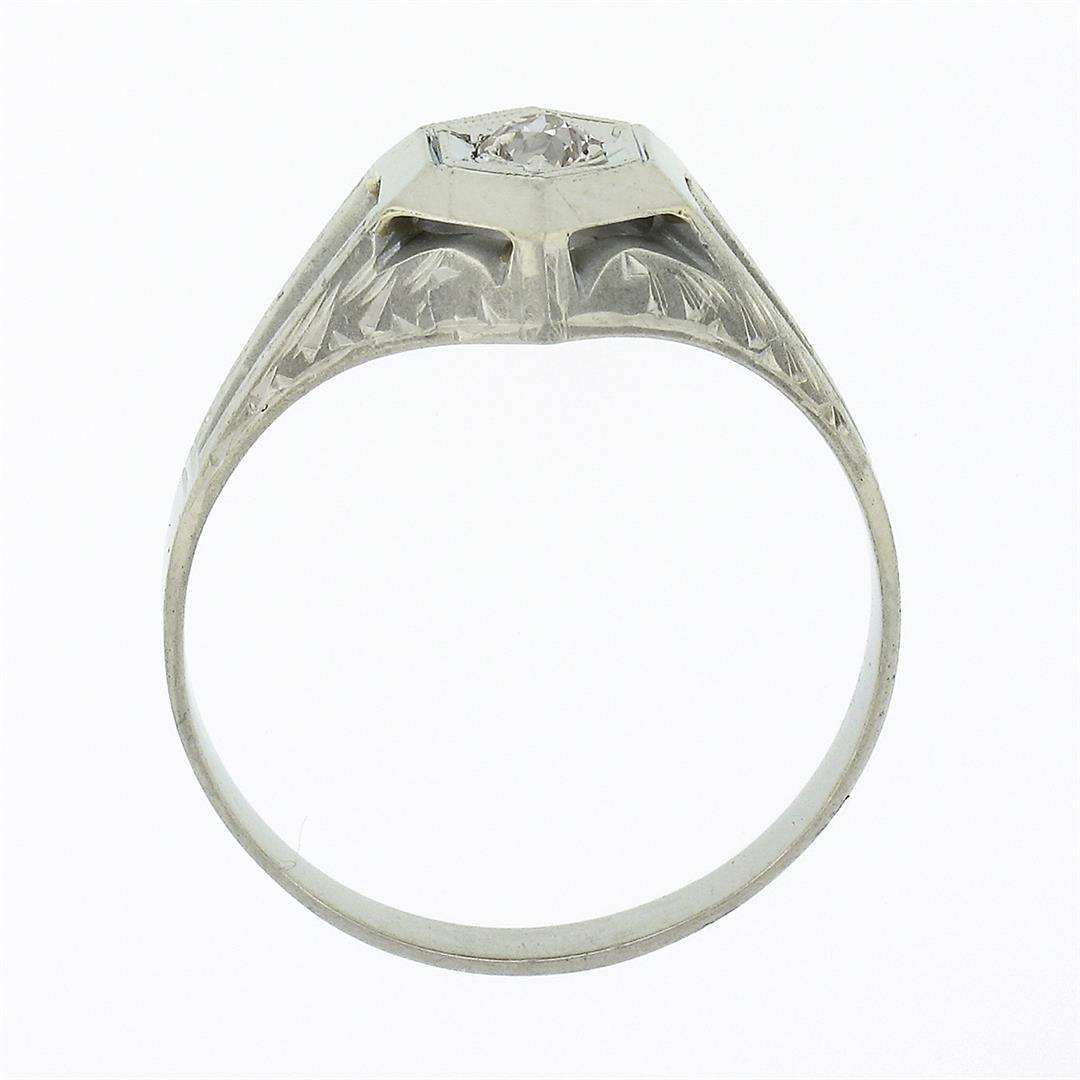 Vintage 18k Gold Diamond Solitaire Matte & Polished Hand Engraved Hexagon Ring