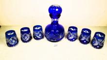 Vintage Dajie Crystal Cobalt Blue Diamont Cut Carafe & Glass Set