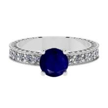 1.87 Ctw VS/SI1 Blue Sapphire and Diamond 14K White Gold Vintage Style Ring (ALL DIAMOND ARE LAB GRO