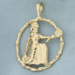 Virgo Kneeling Girl With Flowers Pendant In 14k Yellow Gold