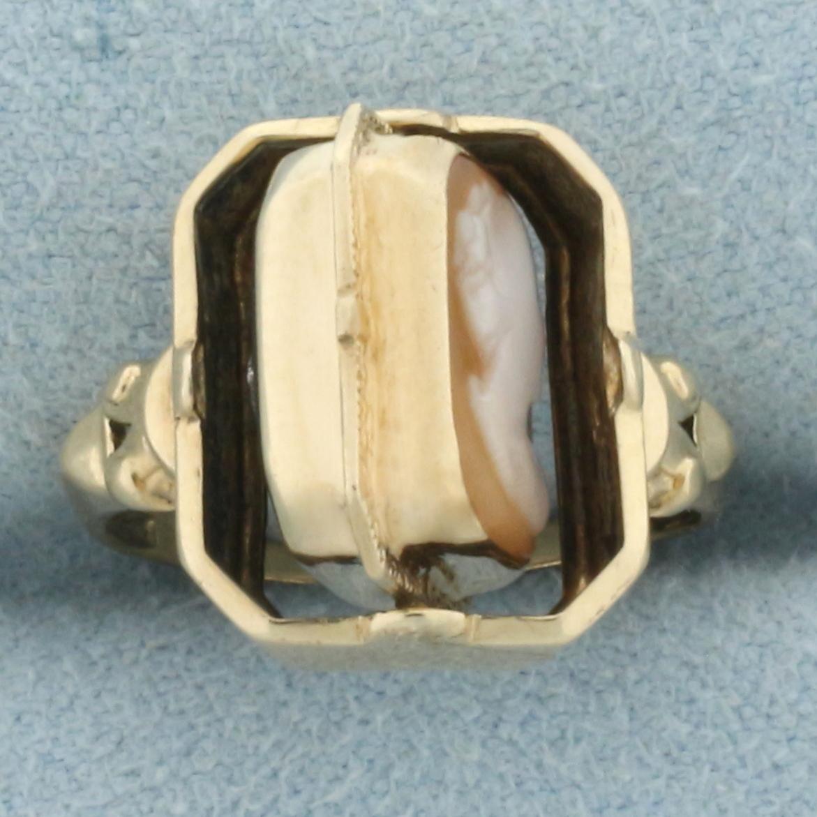 Antique Spinning Shell Carved Cameo And Onyx/diamond Ring In 14k Yellow Gold