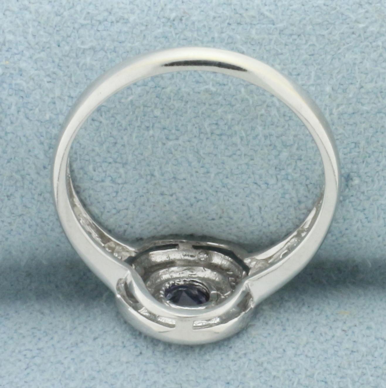 Natural Sapphire And Diamond Bezel Ring In 14k White Gold