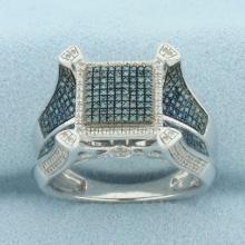Blue And White Diamond Pave Set Ring In Sterling Silver