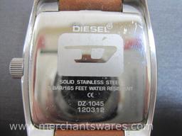 Diesel 5 Bar DZ1045 Solid Stainless Steel Wrist Watch with Brown Leather Band, 3 oz