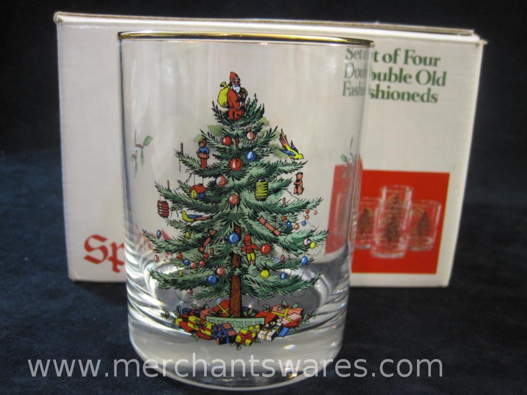 Spode Christmas Tree Set of Three Double Old Fashioneds/Glasses in Original Box, 2 lbs 6 oz