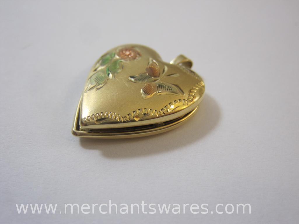 14K Gold Heart Locket Pendant with Flower and Butterfly, 3.8 g