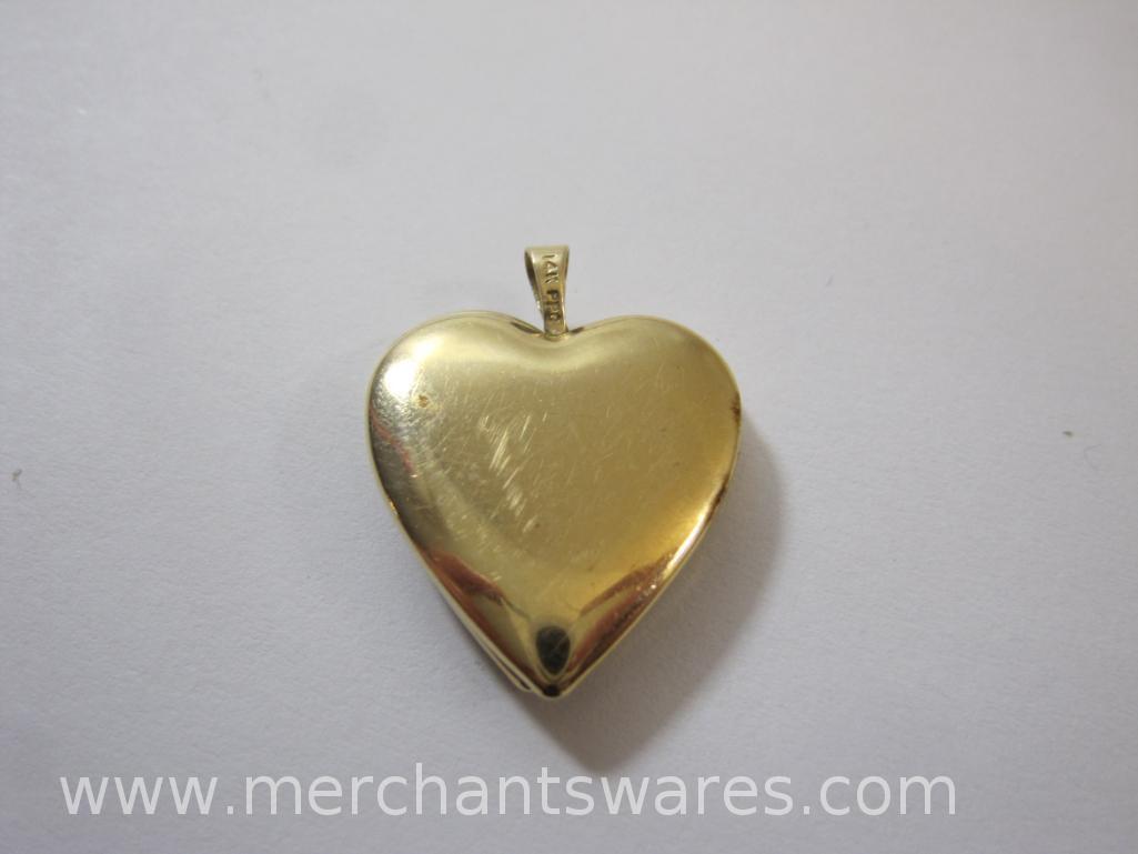 14K Gold Heart Locket Pendant with Flower and Butterfly, 3.8 g