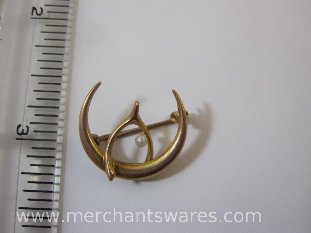 10 KT Gold Wish Upon a Star Pin with Moon, Wishbone and Pearl Star