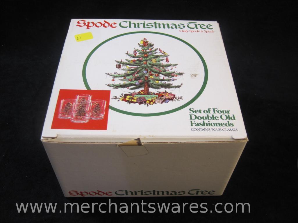 Spode Christmas Tree Set of Four Double Old Fashioneds/Glasses in Original Box, 3 lbs 1 oz