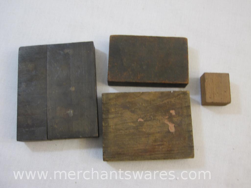 Four Antique Animal Printing Plate Blocks including cow, horse, chicks, and wildcat, 1 lb 14 oz