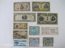 Paper Currency of Japan includes Imperial Japan 5 Yen Note, 1946 5 Pesos, Military Currency 1 Yen