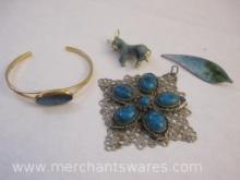 Costume Jewelry in Assorted Blues including Gold Tone Cuff Bracelet, Earrings and more, 3 oz