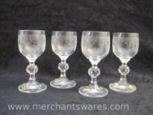 Set of Four Bohemia Crystal Etched Miniature Goblets, made in Czechoslovakia, 1 lb 2 oz