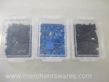 Three Small Organizers of Black and Blue Lego Pieces including Flexible Hose Part 73590c01a, 10 oz