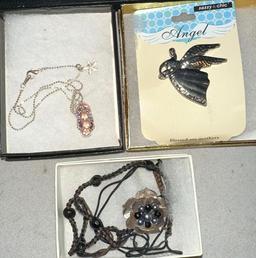 Mother of Pearl and Black Pearl Necklace Plus Angel Pin and Park Lane Pendant