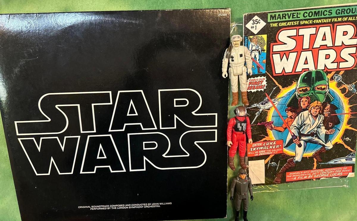 VTG Star Wars Collectibles,1977 Motion Picture Soundtrack Record,1977 Comic Book &3-1980 LFL Figures