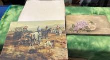 Small Antique Oil Painting, VTG Cowboy Print and Old Blank Nailed Canvas