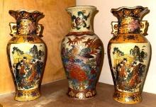 3 Ornate Oriental Vases 8" tall