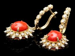 14k Gold 5.20ct Coral 1.50ct Diamond Earrings