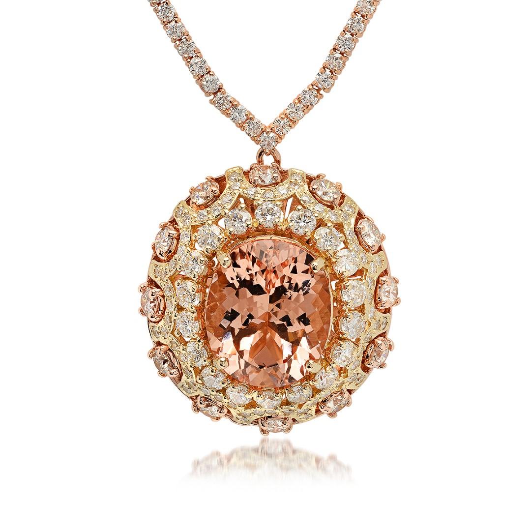 14K Yellow/Rose Gold, 17.10 Morganite, 12.00cts Diamond Necklace