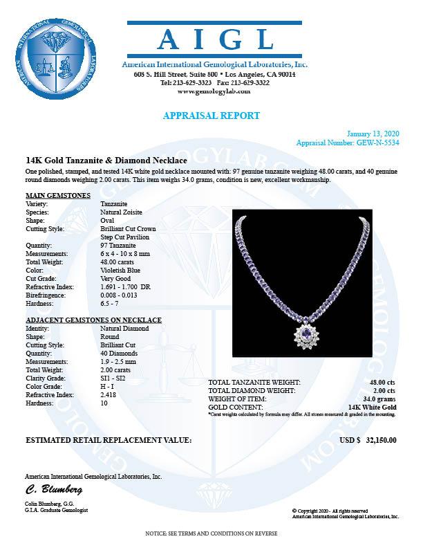 14k Gold 48ct Tanzanite 2ct Diamond Necklace