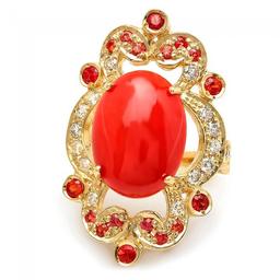 14k Yellow Gold 6.00ct Coral 0.70ct Diamond Ring