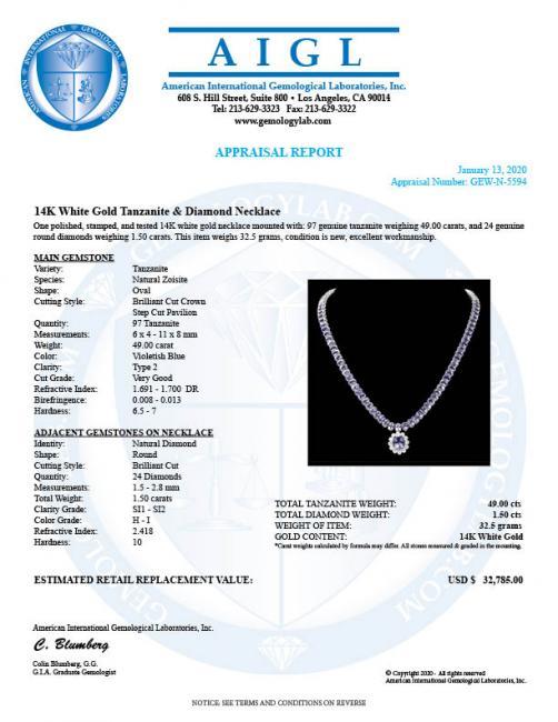 14k Gold 49ct Tanzanite 1.50ct Diamond Necklace