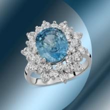 14K Gold 6.44cts Blue Zircon & 1.71cts Diamond Ring