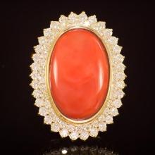 14K Gold 31.50ct Coral 2.04ct Diamond Ring