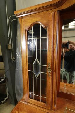 Oak Dresser with Mirror & Leaded Glass Panels