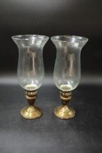 Pair of Weighted Sterling Silver Candleholders with Hurricane Shades