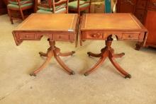 Pair of Leather Top Drop Leaf End Tables