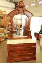 Antique Victorian Walnut Marble Top Dresser with Candlestands & Mirror