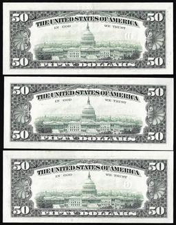 Lot of (3) 1993 $50 Federal Reserve Notes Minor Offset Error