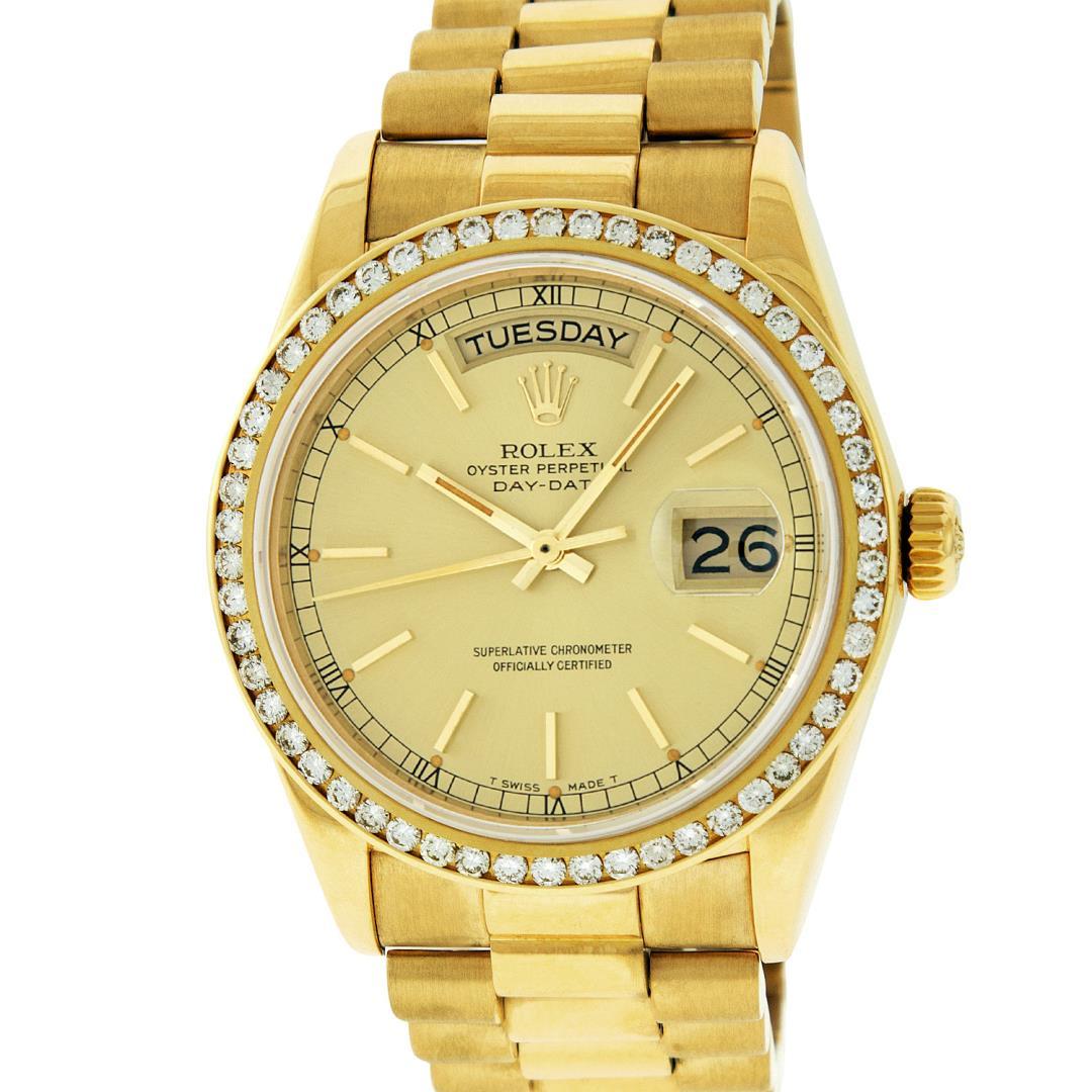 Rolex Men's 18K Yellow Gold Champagne Index Diamond Day Date President Wristwatch