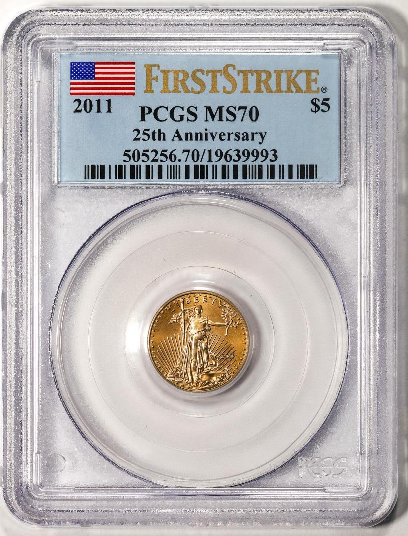 2011 $5 American Gold Eagle Coin PCGS MS70 First Strike 25th Anniversary