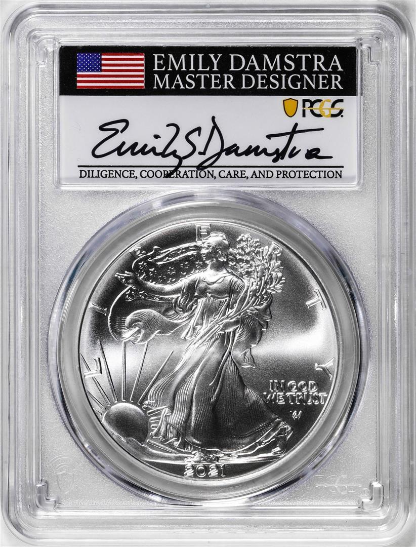 2021 Type 2 $1 American Silver Eagle Coin PCGS MS70 Damstra Signature First Strike