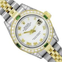 Rolex Ladies Two Tone Emerald and Diamond Datejust Wristwatch With Rolex Box