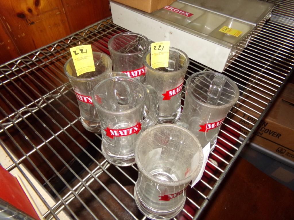 (6) Clear Glass ''Matt's'' Mugs