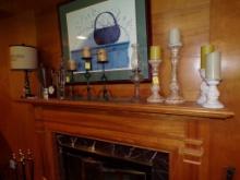 Group of Items on Fireplace Mantle - Picture of Basket, Electric Candles, G