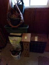 Group With Garden Hand Tools, Potting Soil, Wood Crate, Plaid Suitcase and