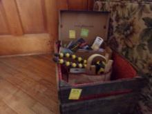 Wood Crate with Bag of Misc. Hand Tools, Light, Wrist B/P Cuff and Other It